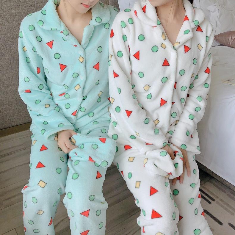 Flannel Cartoon Cute Pajamas Suit Women Winter Coral Fleece Homewear Autumn Thickening Sleepwear Set Geometry Winter Warm Nightwear Top and Pant Sets