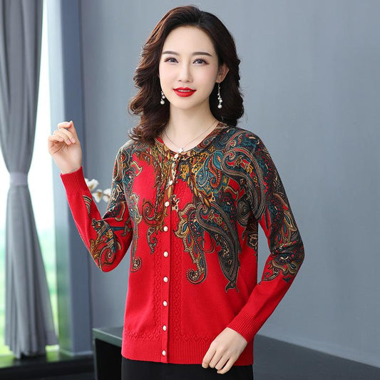 Autumn and Winter Printed Cardigan Women's Plus Size Casual Sweater Coat High-end Wool Sweater