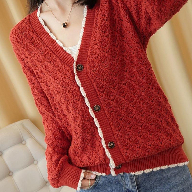 Cardigan Knitted Jacket Women's Spring and Summer Hollow V-neck Loose Large Size Thin Clothes