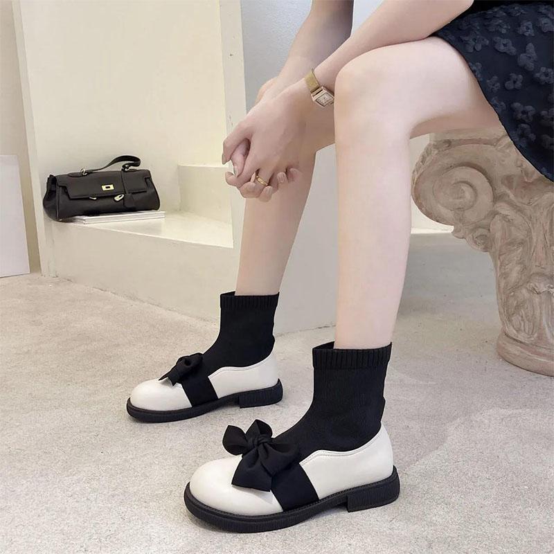 British Style Knitted Stretch Short Boots Women 2021 All-match Flat Bow with Skirt and Socks Boots