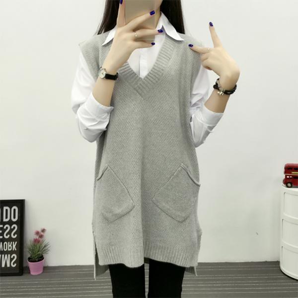 Autumn and Winter Mid-length Knitted Vest Women Loose Hedging V-neck Vest Thickened Large Size Waistcoat