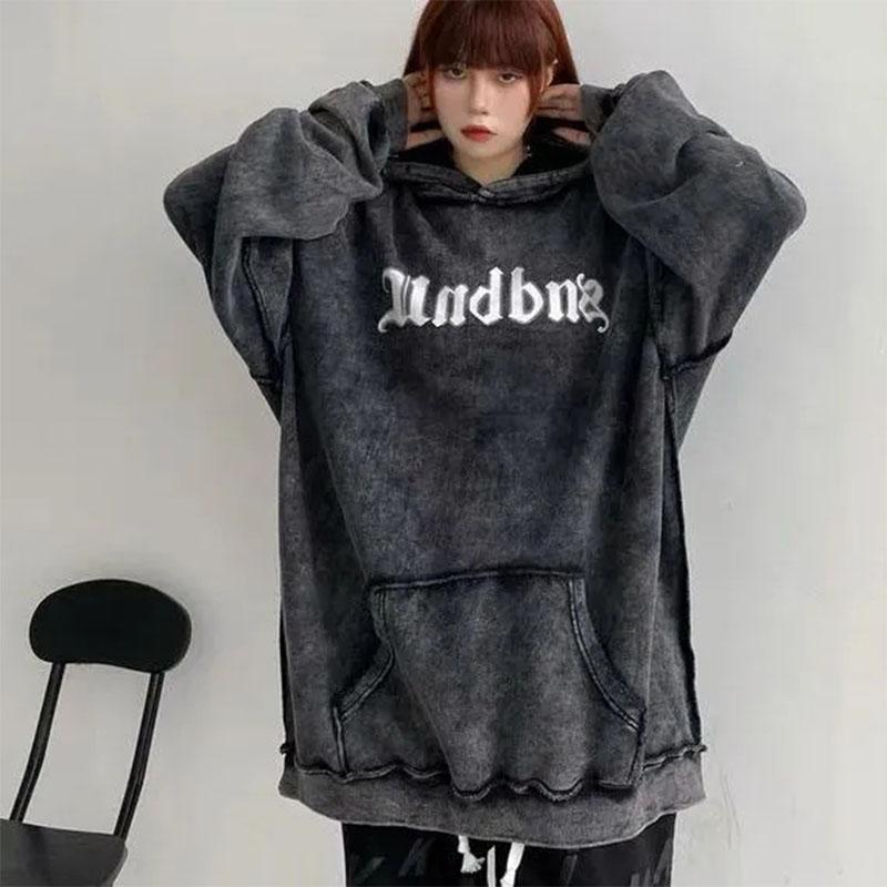 High Street Old Washed Bone Print Hooded Sweater Oversize Couple Sweater Hiphop Retro Casual Loose Long-sleeved Pullover Sweater Man and Women Top