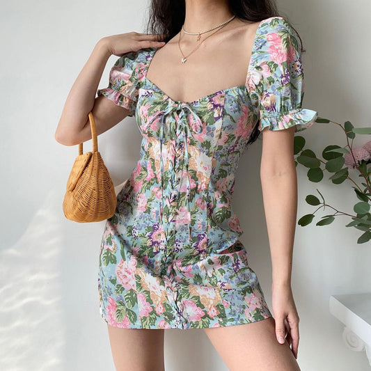 Female Summer Print Drawstring Square Neck Elegant Bubble Sleeve Short Vintage Holiday Dress