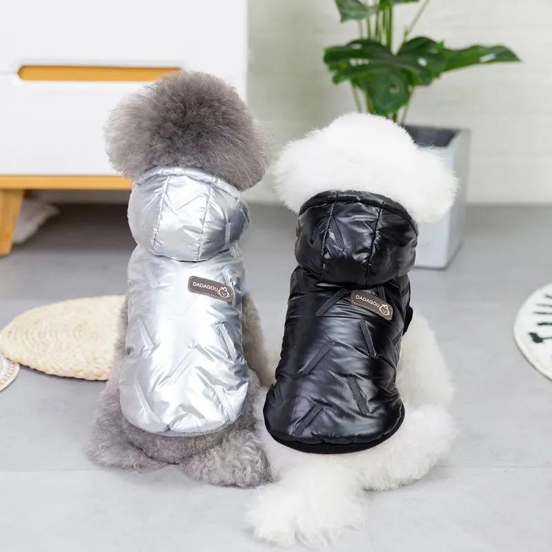 Dog's Clothes Winter Thicker PU Cotton Coat Teddy Bichon Pet Winter Warm Clothing Plus Velvet Hooded Coat 2 Legged Rompers Solid Thick Jacket Coats