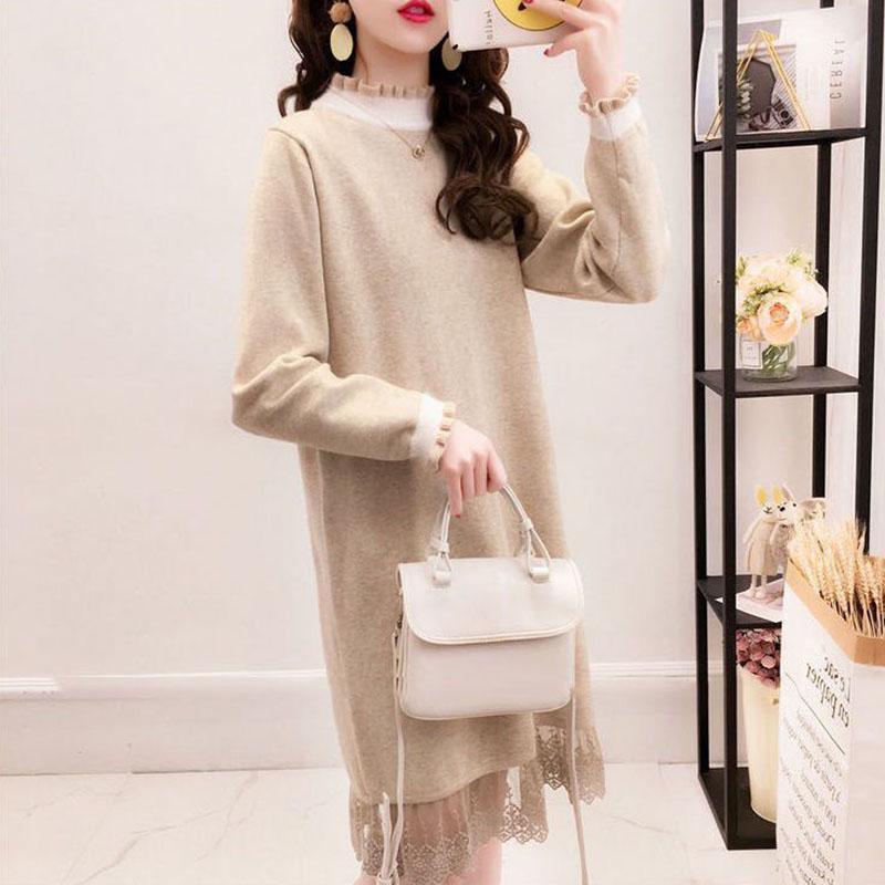 Autumn and Winter Knitted Lace Stitching Sweater Skirt Fashion All-match Hedging Bottoming Shirt Mid-length Female Sweater Dress