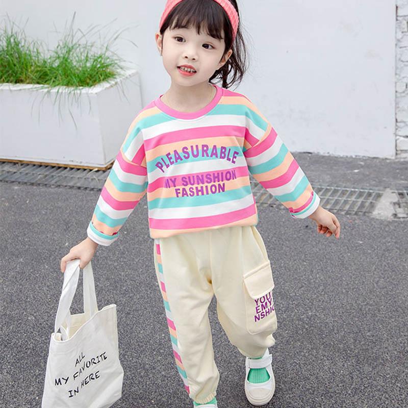 Girls Spring and Autumn Clothes Comfortable Loose Long Sleeves + Casual Pants Suits Girls Baby Color Stripes Cute Two-piece Set