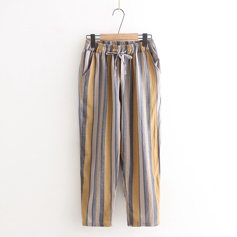 Cotton Nine-point Pants Women Loose Summer Wild Striped Casual Pants Harem Pants Carrot Pants Trendy Women