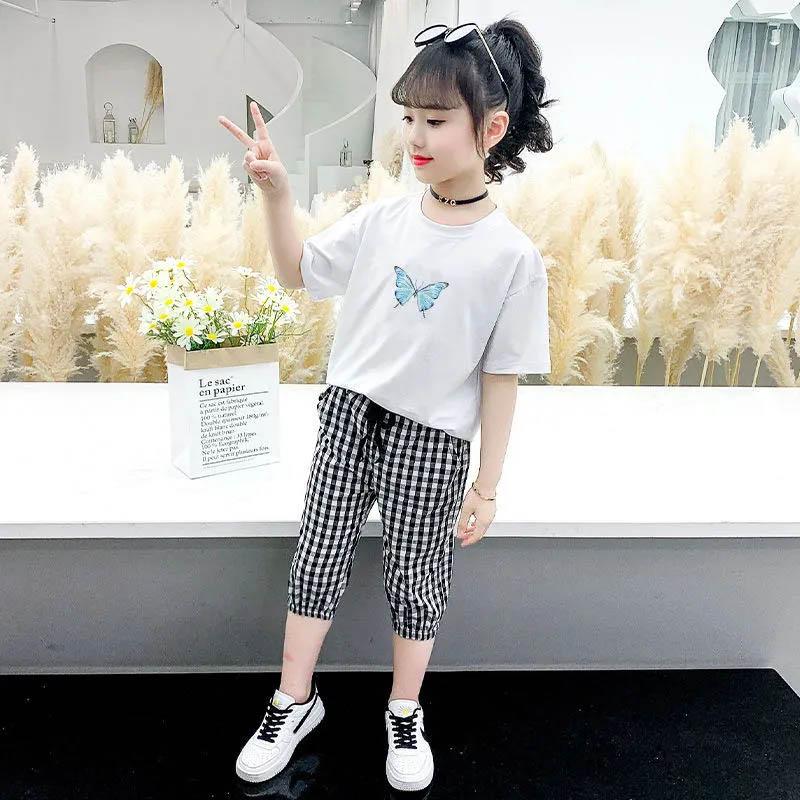 Girls T-Shirt + Plaid Pants Cotton Suit Summer Breathable Cropped Pants Casual Children's Comfortable Butterfly Print Two-piece Set