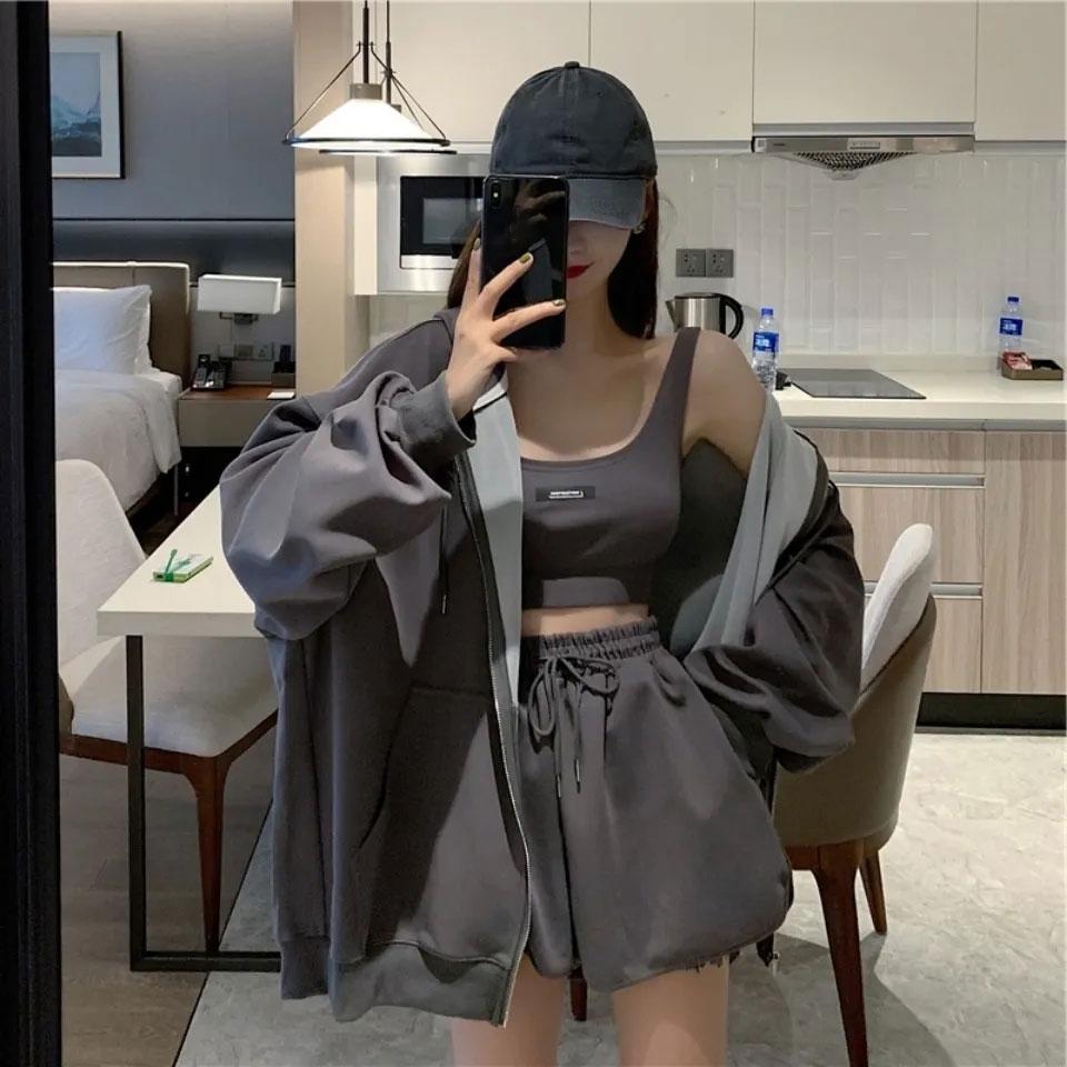 3PCS Ladies Casual Sports Suit Spring and Summer Cool Girl Loose Thin Sweater Zipper Cardigan + Vest + Wide Leg Shorts Three-piece Set Tracksuits