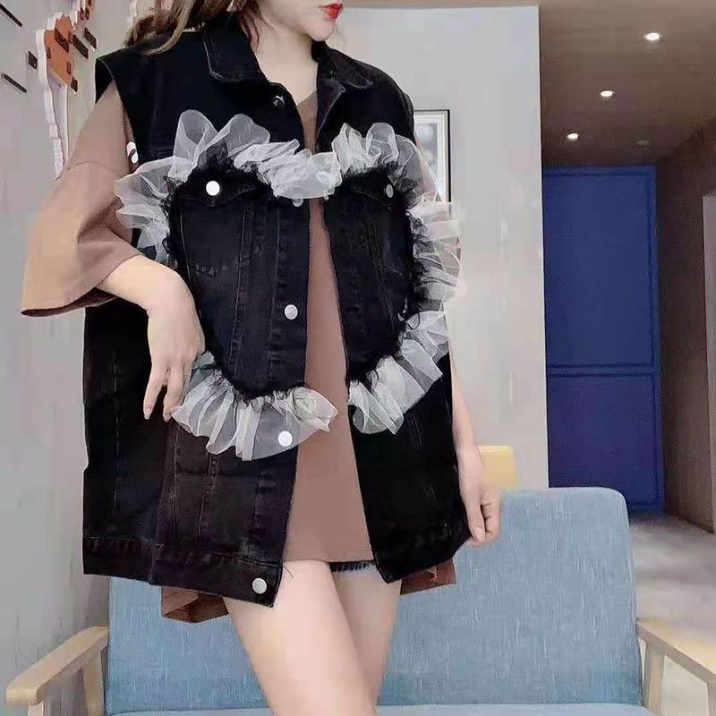 Denim Vest Women Stitching Lace Sweet Casual Sleeveless Waistcoat Jacket Women