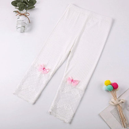 Girls' Leggings Children's Spring and Autumn Thin Lace Hollow Bow Korean Solid Color Capris Elastic Pants