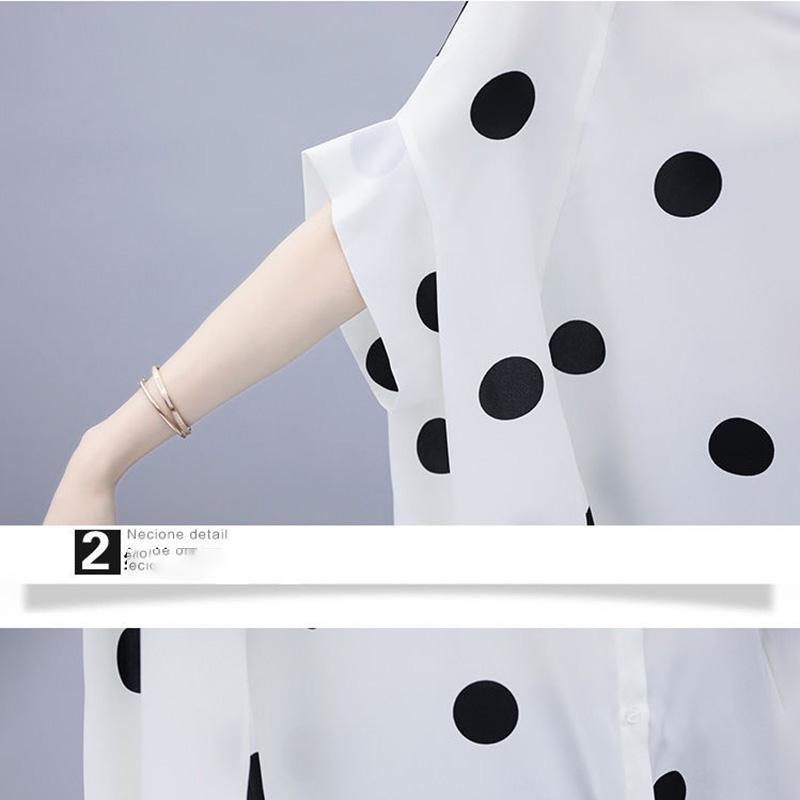 Set Polka Dot Large Size Loose Thin Temperament Shorts Two-piece Polka Dot Loose Large Size Shirt + Black Shorts Elegant Temperament