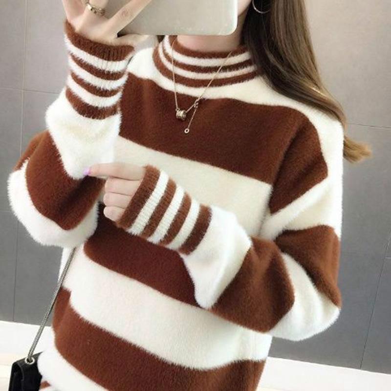 Autumn and Winter Turtleneck Sweater Thick Warm Sweater Female Loose Large Size Striped Sweater