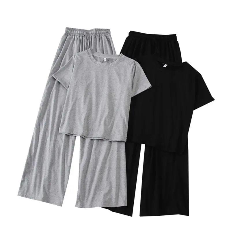 2PCS Women's Spring and Summer Leisure Suit Lazy Korean Style Thin Sportswear Short Sleeve T-Shirt Top + Wide Leg Pants Two-piece Suit