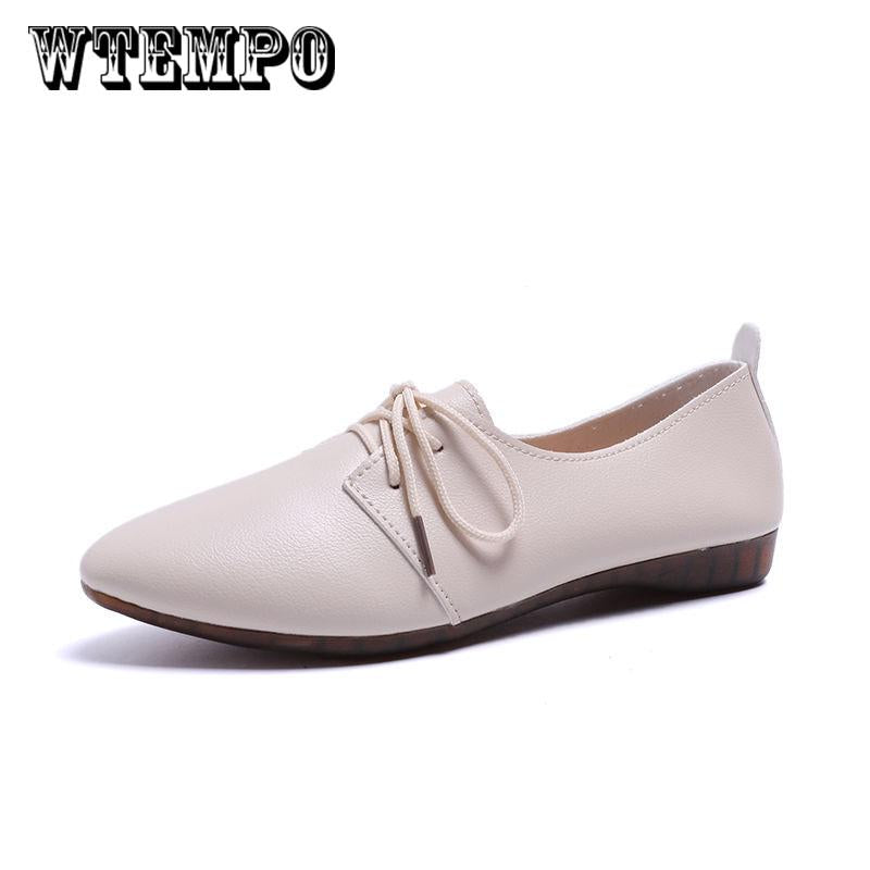 Women's Flats Shoes Ladies PU Leather Shoes Lace Up Non-slip Pointed Loafers