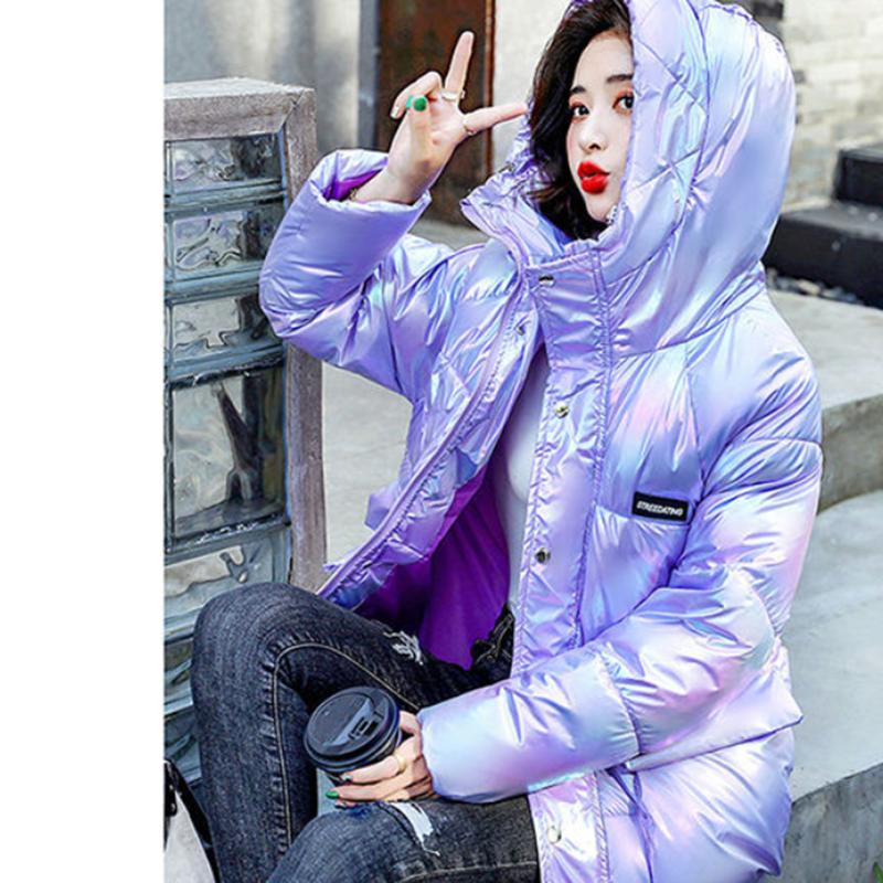 Women's Glossy Mid-length Down Jacket Winter Korean Style Loose Cotton Clothes Casual Hooded Padded Jacket