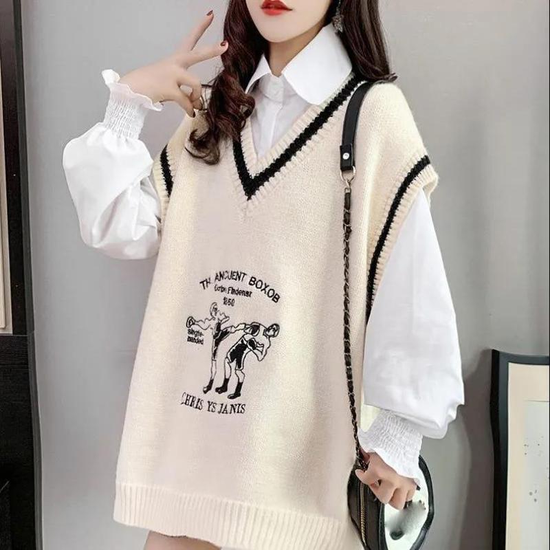 British Style V-neck Sweater Vest Women Loose Knit Vest Jacket All-match Jacket Women's Thin Sleeveless Sweater Comfortable and Warm