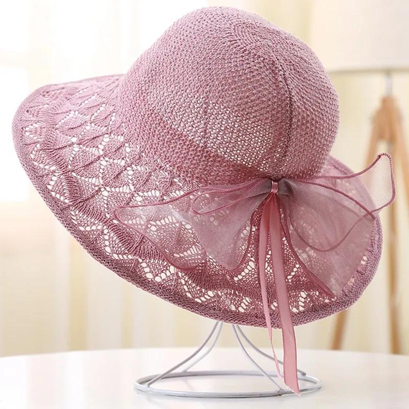 Women's Summer Bow Ribbon Sunscreen Hat Hollow Out Sun Cap Washable Folding Big Edge All Match Fisherman Hat Outdoor Sunshade Cool Hat