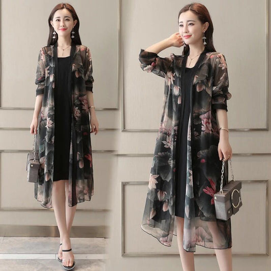 1 Piece of Chiffon Cardigan Mid-length Sunscreen Female Loose Casual Large Size Shawl Printed Air Conditioning Beach