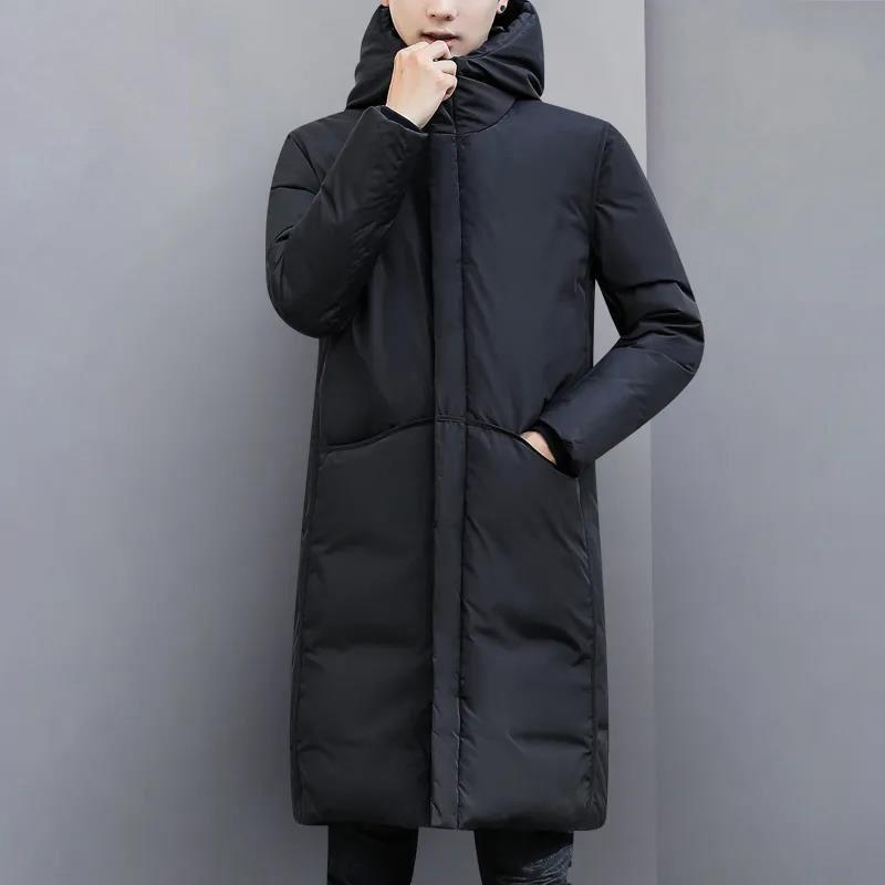 Men's Hooded Down Jacket Mid-length Winter Thick Warm Cotton Jacket Men's Casual Top Solid Color All-match Zipper Coats Can Be Worn In Northern Russia