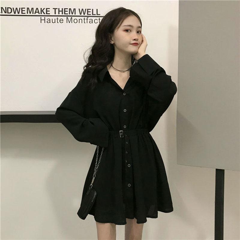 Spring and Autumn Clothing Lightly Cooked Hepburn Style Design Sense Small Black Skirt Waist Slimming Long-sleeved Dress Women