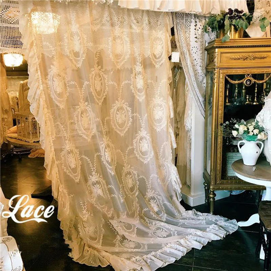 Lace Window Screen Bedroom Balcony French Curtain Retro Princess Wind Window Screen Curtain Finished Product (150×220cm)