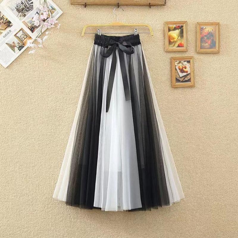 Spring and Summer Thin Two-color Stitching Fairy Tutu Skirt Mid-length Mesh Skirt A-line Small Fragrance Girl