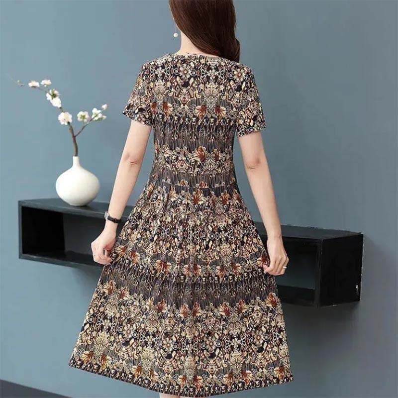 Short-sleeved Dress Retro Floral Women's Mid-length Cover The Belly To Show Thin Temperament Lady's Skirt