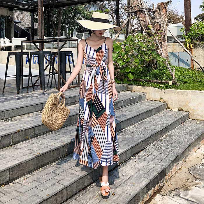 Pofulove Women V-neck Chiffon Dress Printed Sun-dresses Below The Knee Beach Vacation Beach Dress