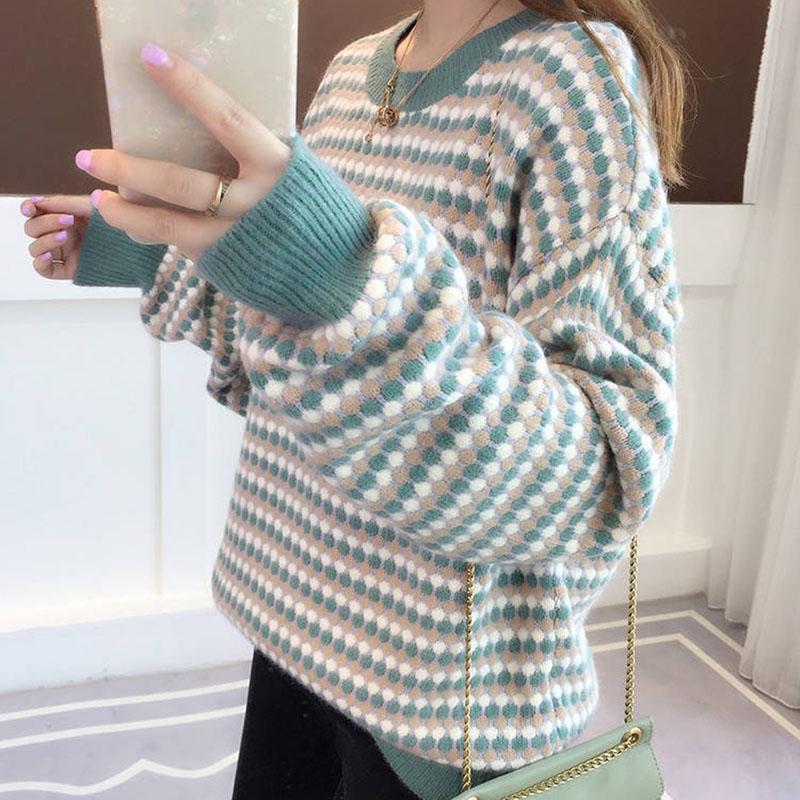 Winter striped sweater contrast women's Crew neck pullover loose  Plus Size  loose Knit Sweater warm