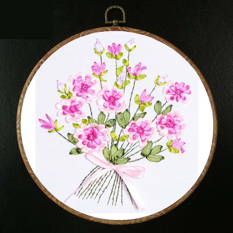 Floral Hand Cross Stitch Embroidery Cloth Starter Kits Needlepoint Color Threads Bamboo Hoop DIY