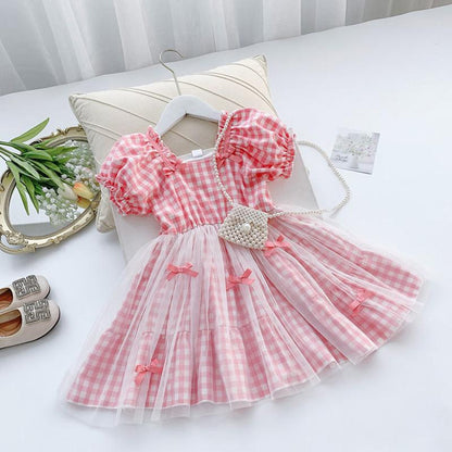 Girls Summer Children's Checkered Net Gauze Dress Little Girl Puff Sleeve Pleated Dress