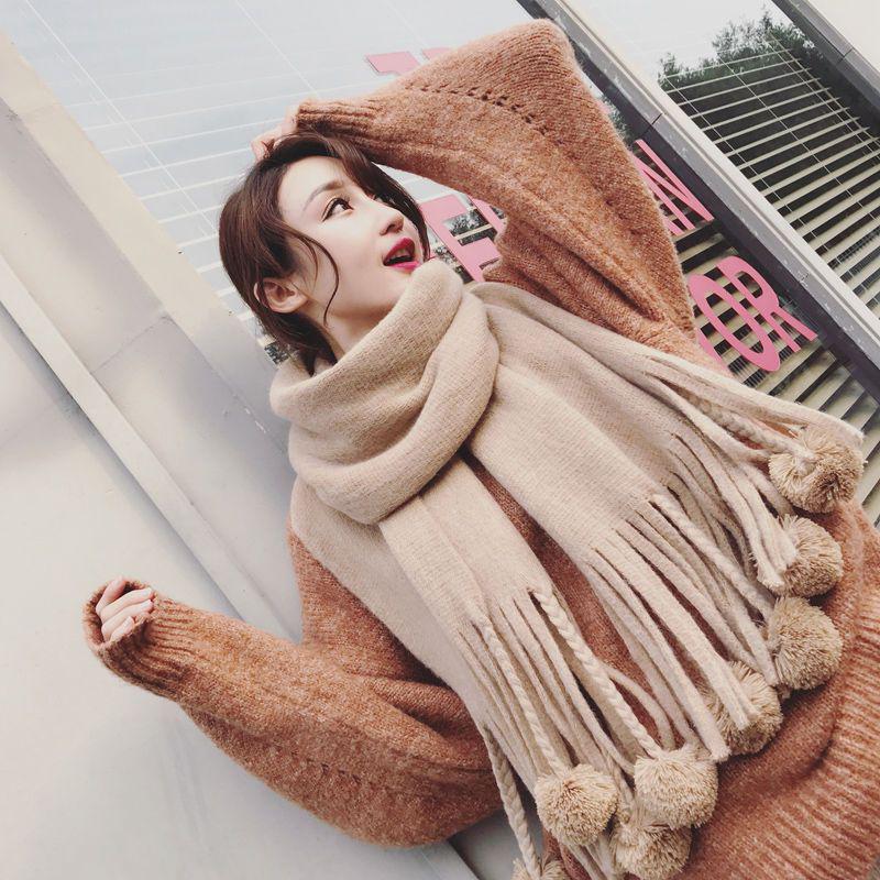 Winter Female Wool Plaid Scarf Women Cashmere Scarves Wide Lattices Long Shawl with Ball Tassel