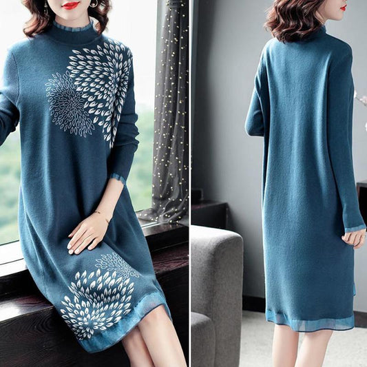 Autumn and Winter Knitted Dress Half-high Neck Over The Knee Long Style with A Coat and A Thin Sweater Skirt