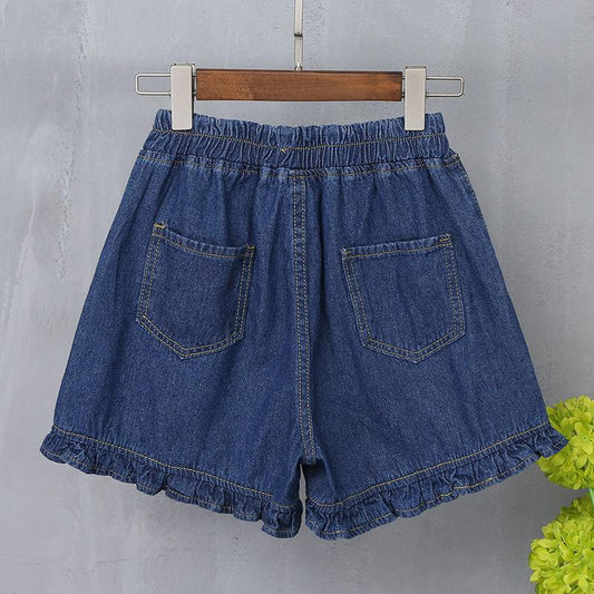 WTEMPO Girl Women Denim Shorts Big Pocket Elastic Waist Loose Spring and Summer A-line Thin Casual Jeans Wide Leg Ruffle