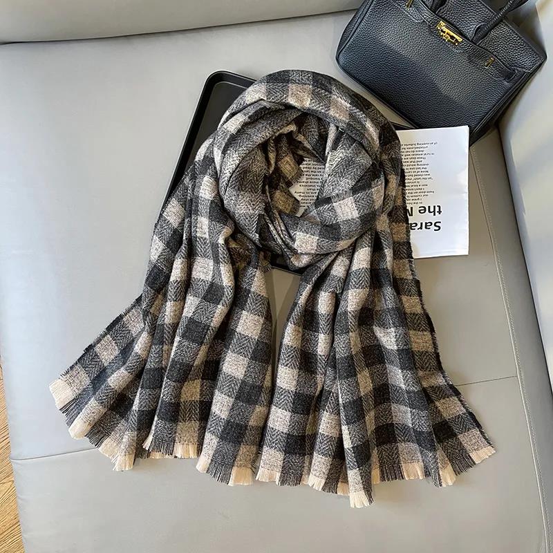 Winter Imitation Cashmere Scarf Korean Fashion Fringed Plaid Scarf Women's Dual-use Lengthened Thick Shawl Scarf