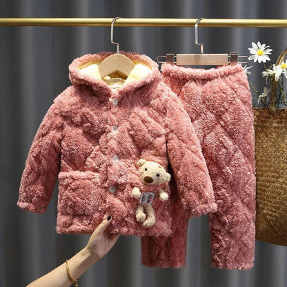 Winter Children's Pajamas Three-layer Thickened Cotton Jacket Baby Boys and Girls Big Children's Coral Velvet Warm Home Suit