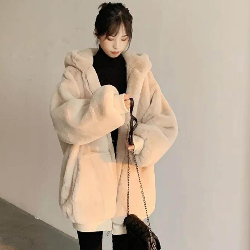 Korean Version of Loose Plush Coat Women's Winter Rex Rabbit Fur Padded Hooded Coat