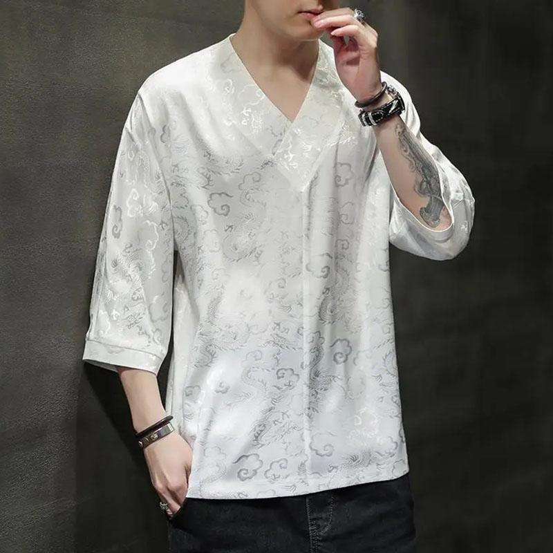 Short-sleeved Men's T-shirt Summer Large Size V-neck Ice Silk Three-quarter Sleeve T-shirt Men's Loose Half-sleeve