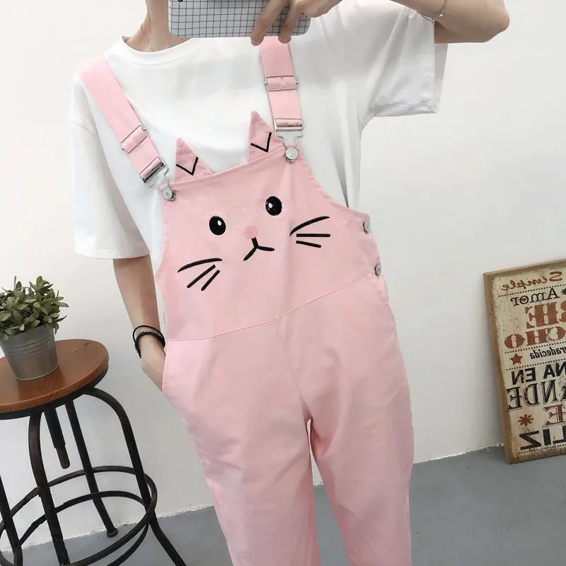 WTEMPO Cute Cat Overalls Girl Student Summer Jumpsuit Woman Jeans Long Romper Pants Pockets Sleeveless Adjusted Overalls Jeans Trousers