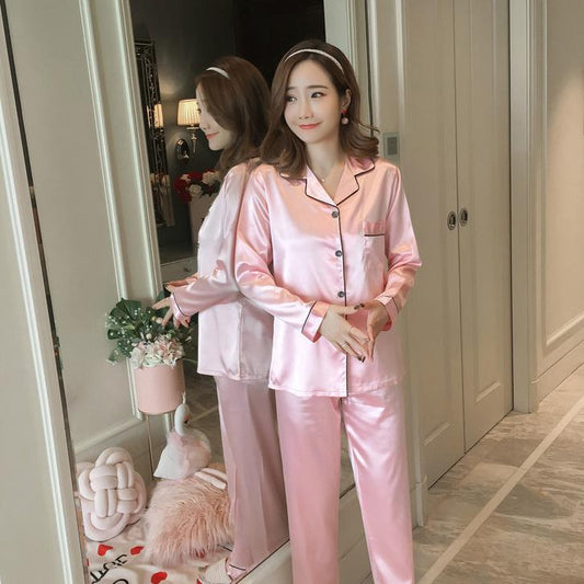 Women's Pajamas Set Spring Autumn Sleepwear Suit Silk Shirt Loose Casual Home Wear Long Sleeve Tops and Pants Suits Solid Plus Size M-5XL Nightwear