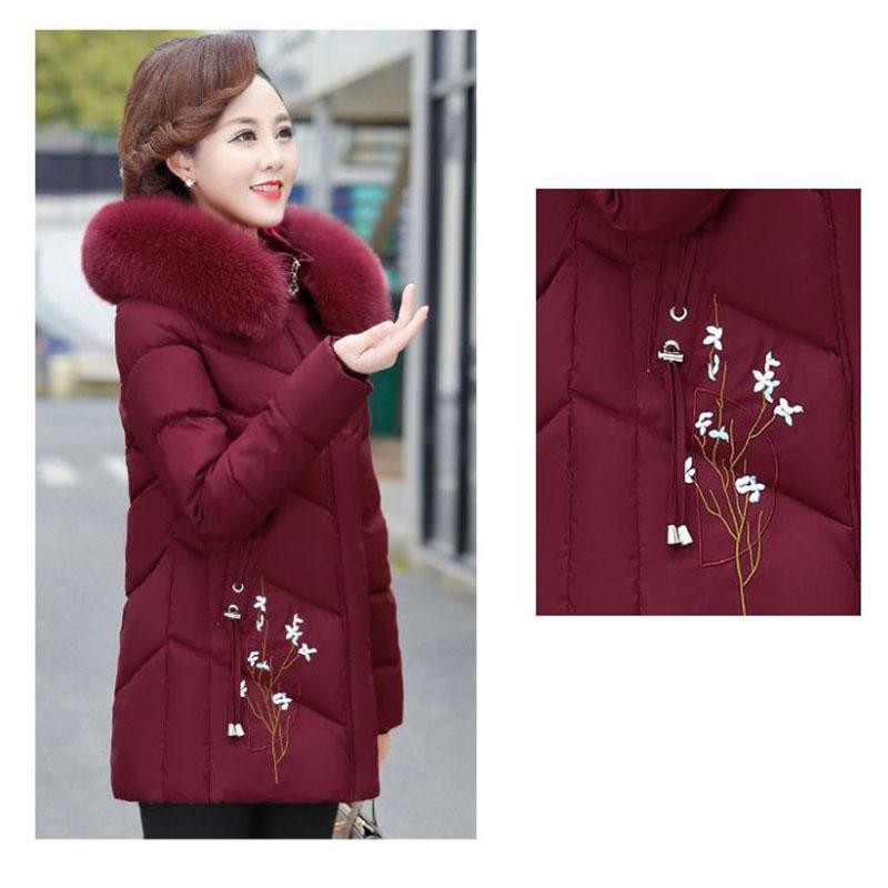 Winter Down Cotton Jacket Fashion Fur Collar Hooded Mid-length Jacket Thick Warm Cotton Jacket Suitable for Middle-aged Women