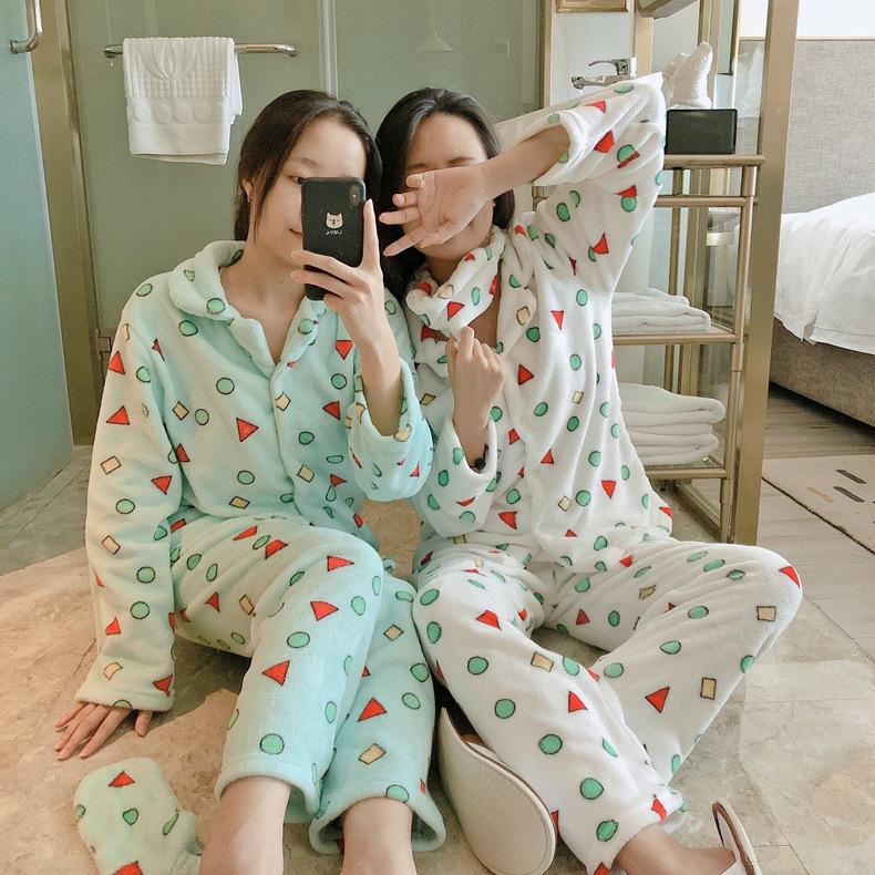 Flannel Cartoon Cute Pajamas Suit Women Winter Coral Fleece Homewear Autumn Thickening Sleepwear Set Geometry Winter Warm Nightwear Top and Pant Sets