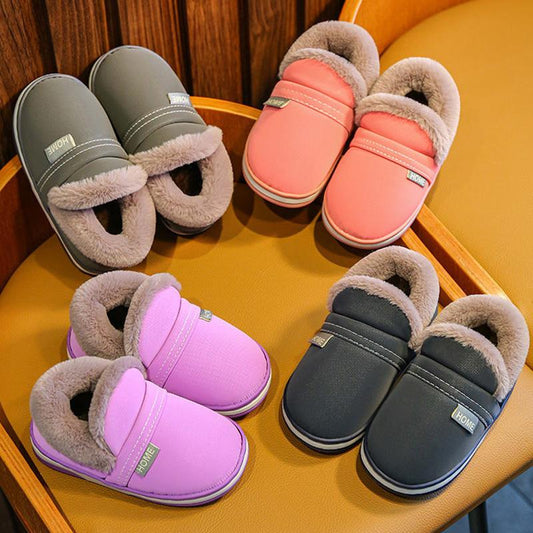 PU Leather Waterproof Children's Cotton Slippers Boys and Girls Kids Cotton Slippers Non-slip Flat Shoes Big Children's Slippers Winter