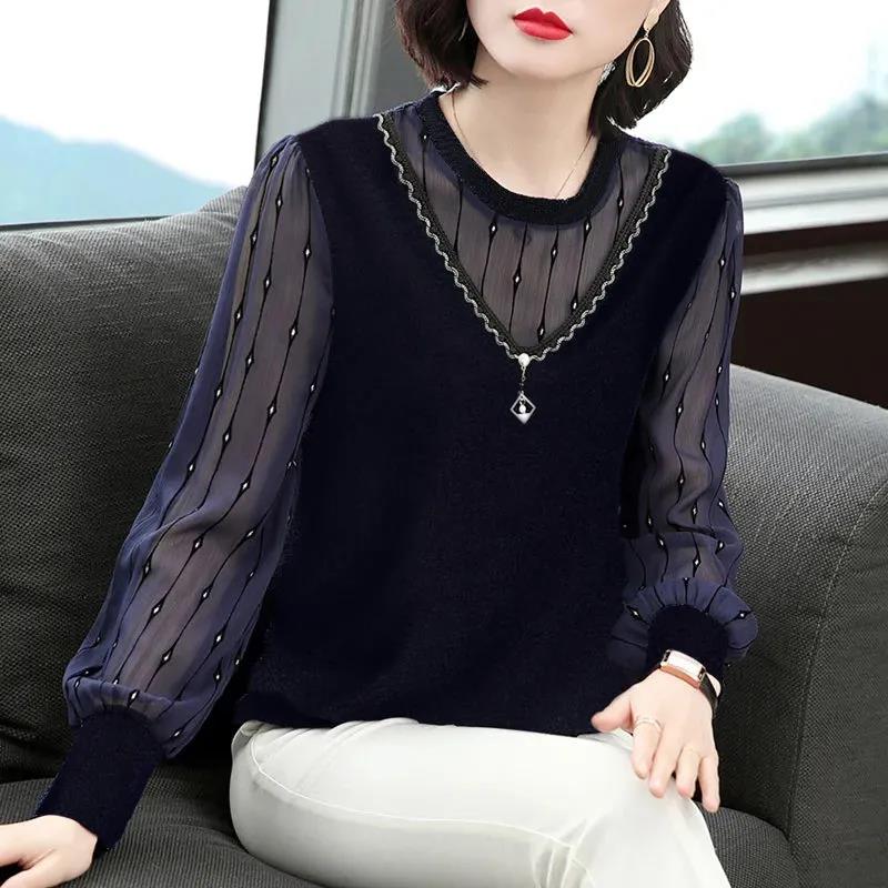 New Autumn Spring Style Chiffon Shirt Chic Elegant Round Collar Blouse Women Long Sleeve Top Pullover