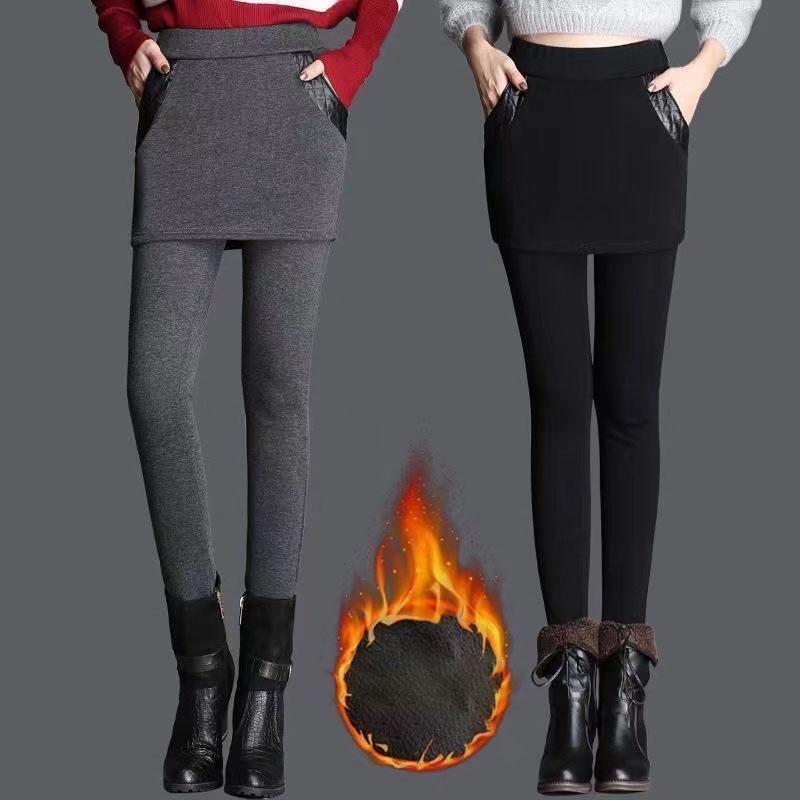 Anti-pilling Leggings for Women's Outer Wear In Autumn and Winter Plus Velvet Warm Feet Pants Stretch Fake Two High-waist Shorts Skirts