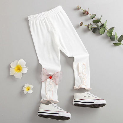 Girls' Leggings Children's Spring and Autumn Thin Bow Korean Cropped Trousers Stretch Pants Baby Outer Wear and Inner Wear