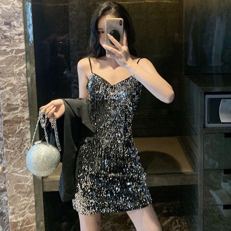 Women's Summer Open Back Solid Color Slim Fit Flash Sequin Suspender Hip Wrap Short Dress