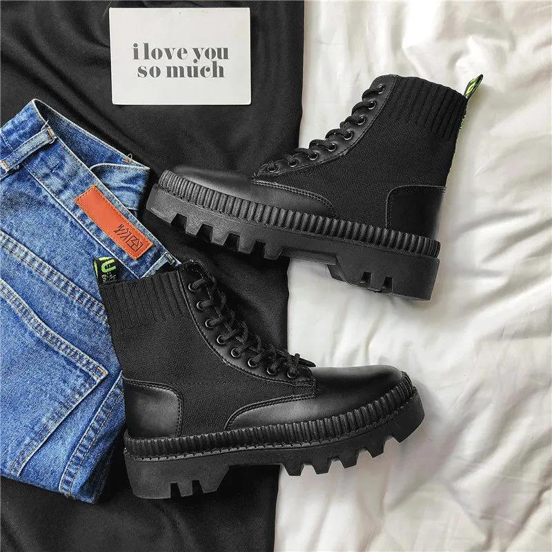 Black Thick-soled Increased Martin Boots Men's Spring High-top Shoes Men's Korean Version of All-match Boots