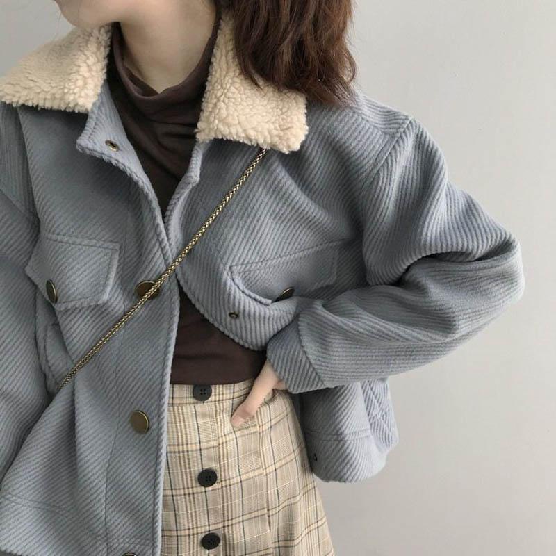 Retro Hong Kong-flavored Small Woolen Coat Female Autumn and Winter Lamb Fur Collar Thick Short Woolen Coat